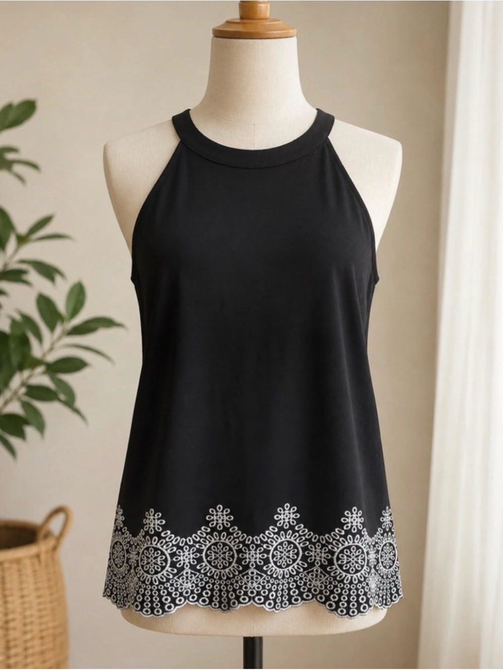 Adrianna Papell Black Halter Tank with White Embroidered Hem